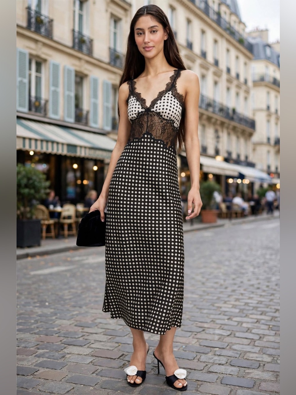 Ronny Kobo Lace-Trim Polka Dot Slip Dress - Black/White Sz L.